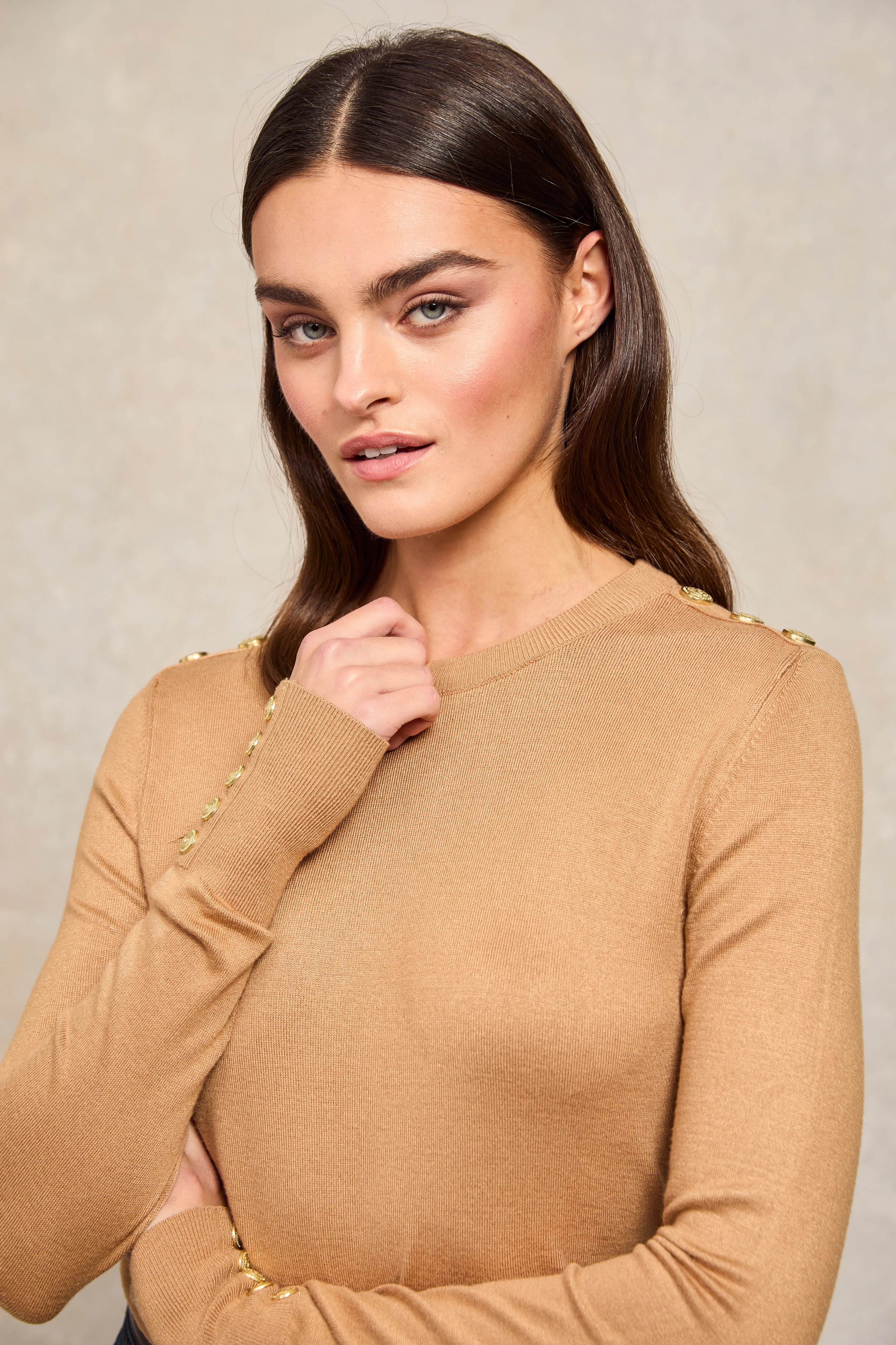Buttoned Knit Crew Neck (Dark Camel) sold by Holland Cooper product image thumbnail 2