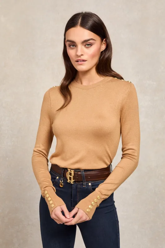 Buttoned Knit Crew Neck (Dark Camel) made by Holland Cooper
