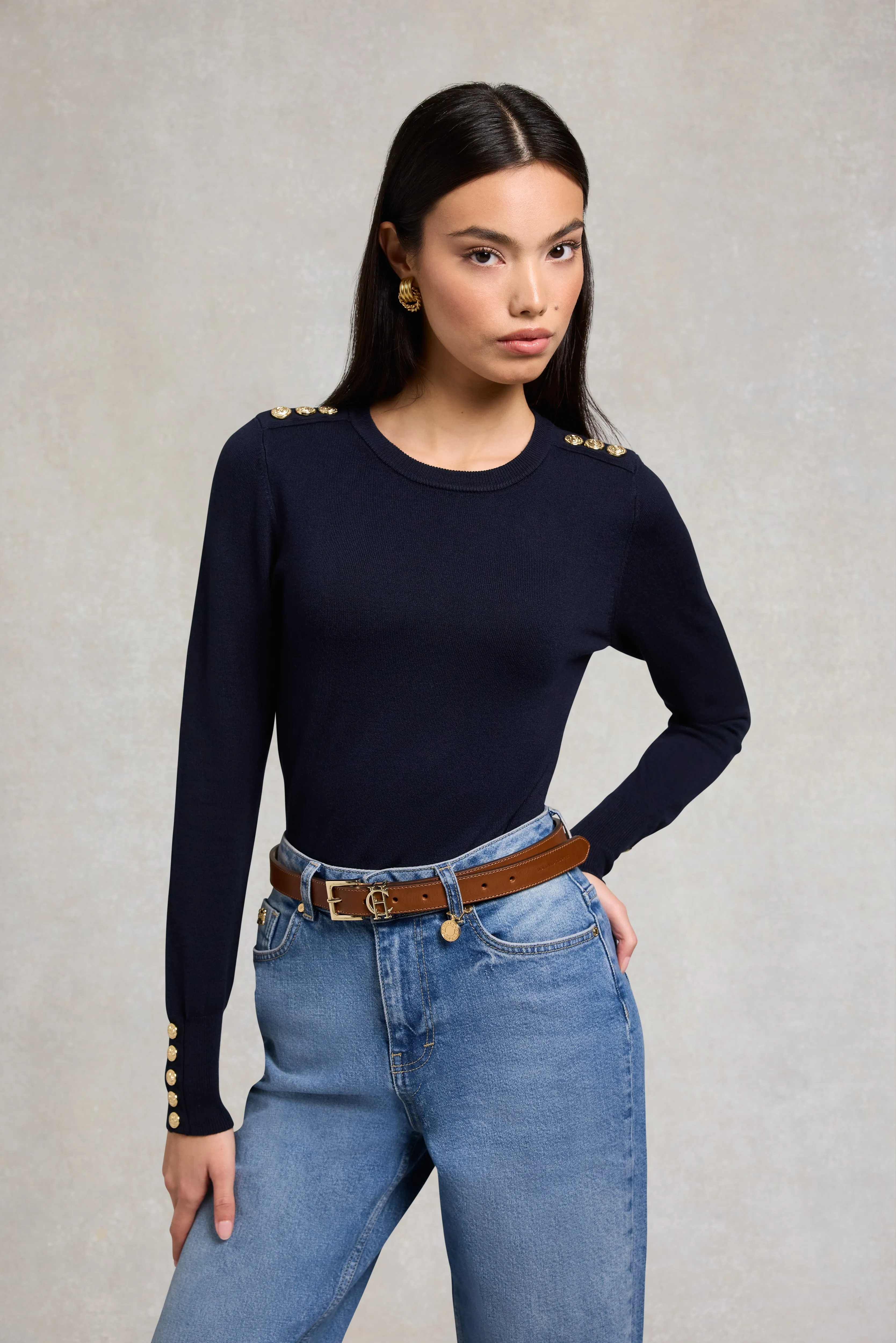Buttoned Knit Crew Neck (Ink Navy) sold by Holland Cooper