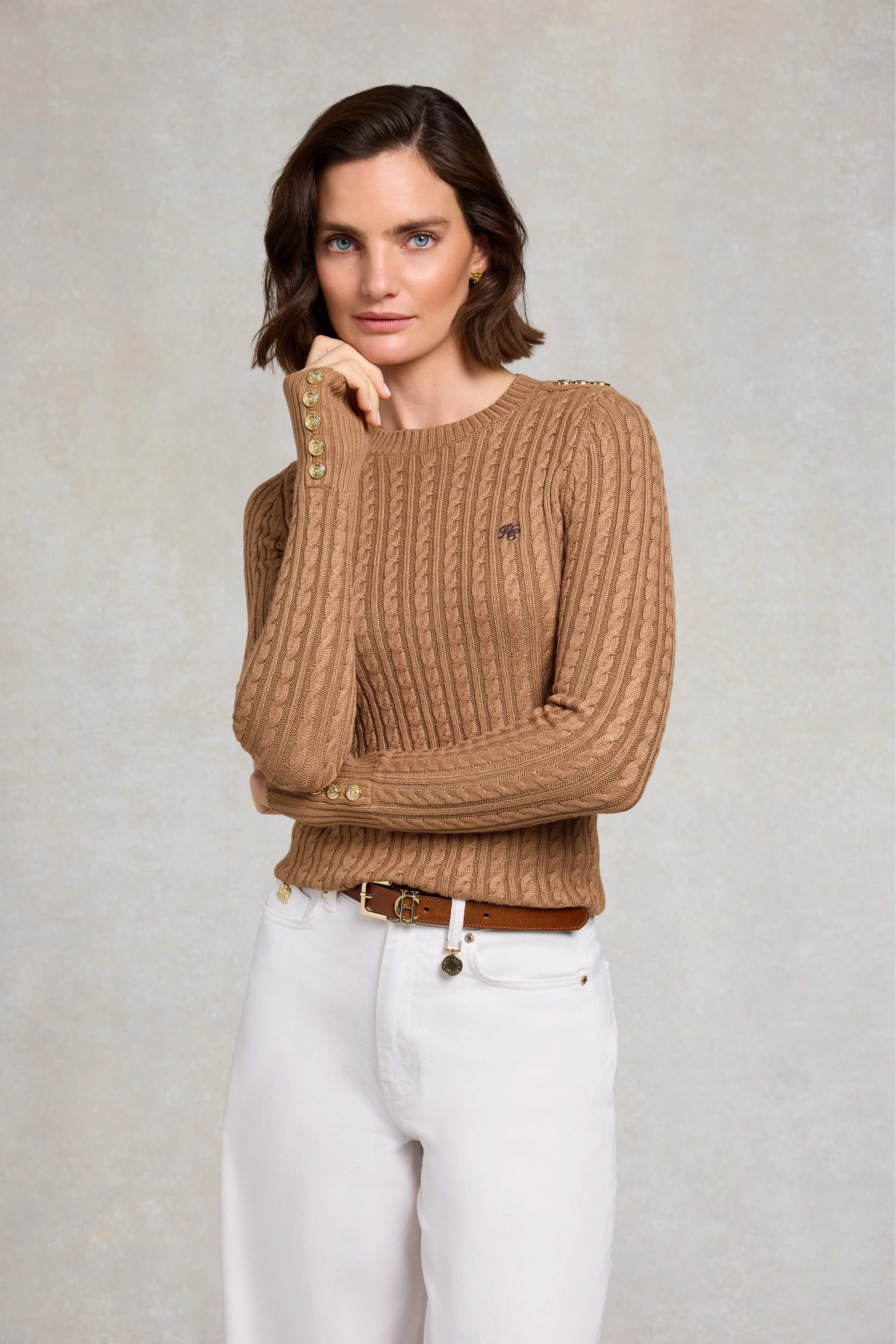 Seattle Cable Crew Knit (Dark Camel) sold by Holland Cooper