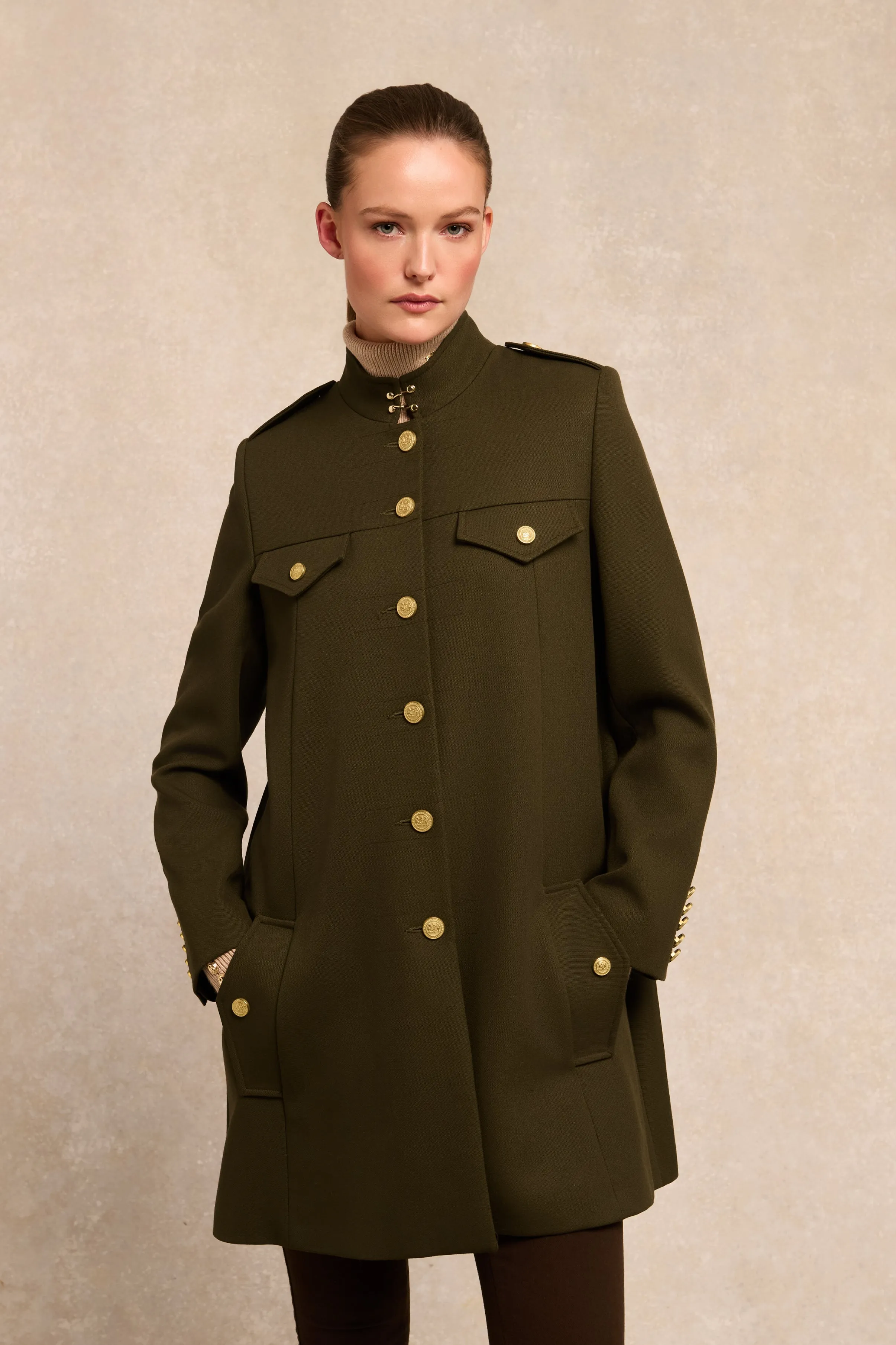 Highbury Cape Coat (Khaki Barathea) sold by Holland Cooper