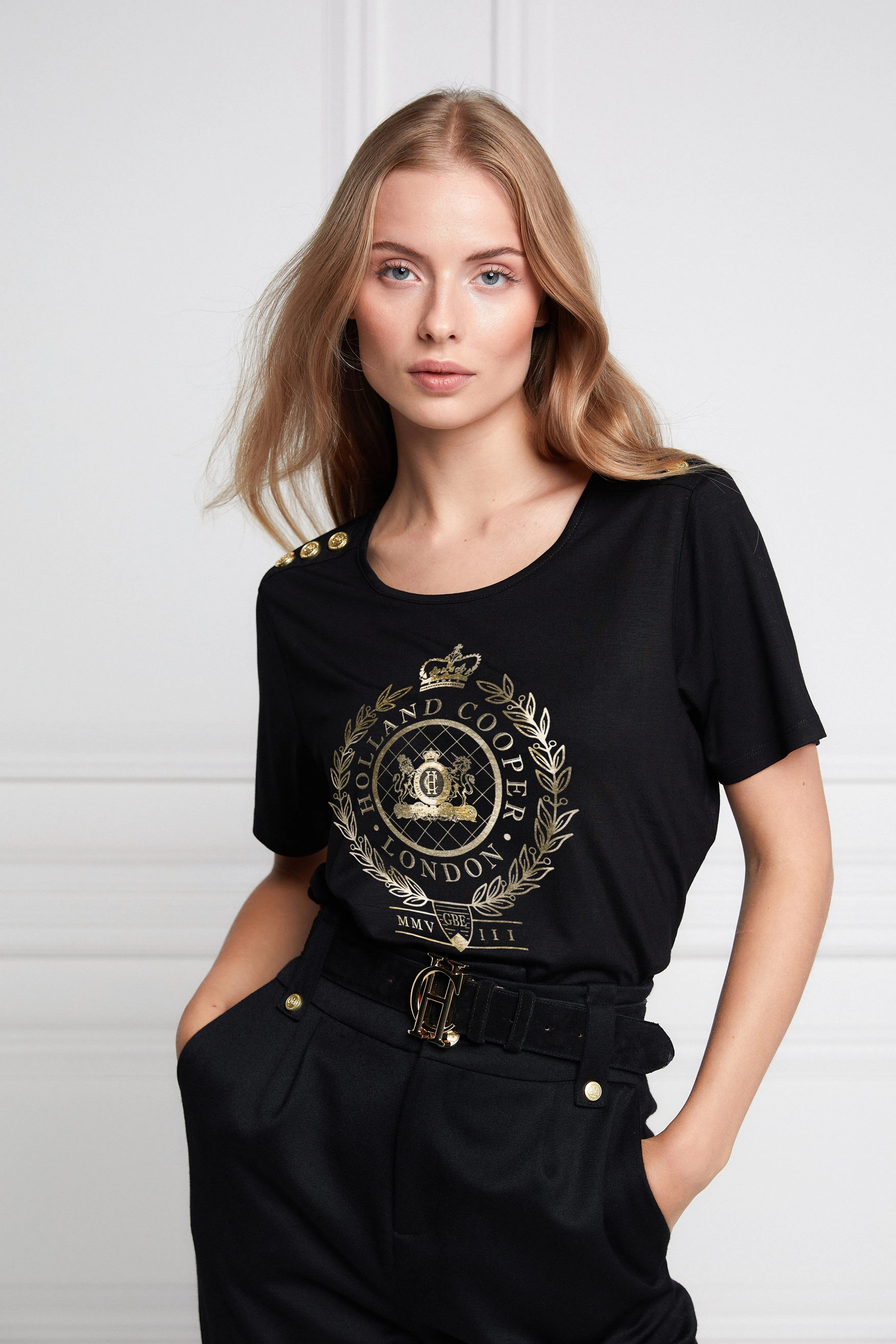 Ornate Crest Tee (Black) sold by Holland Cooper