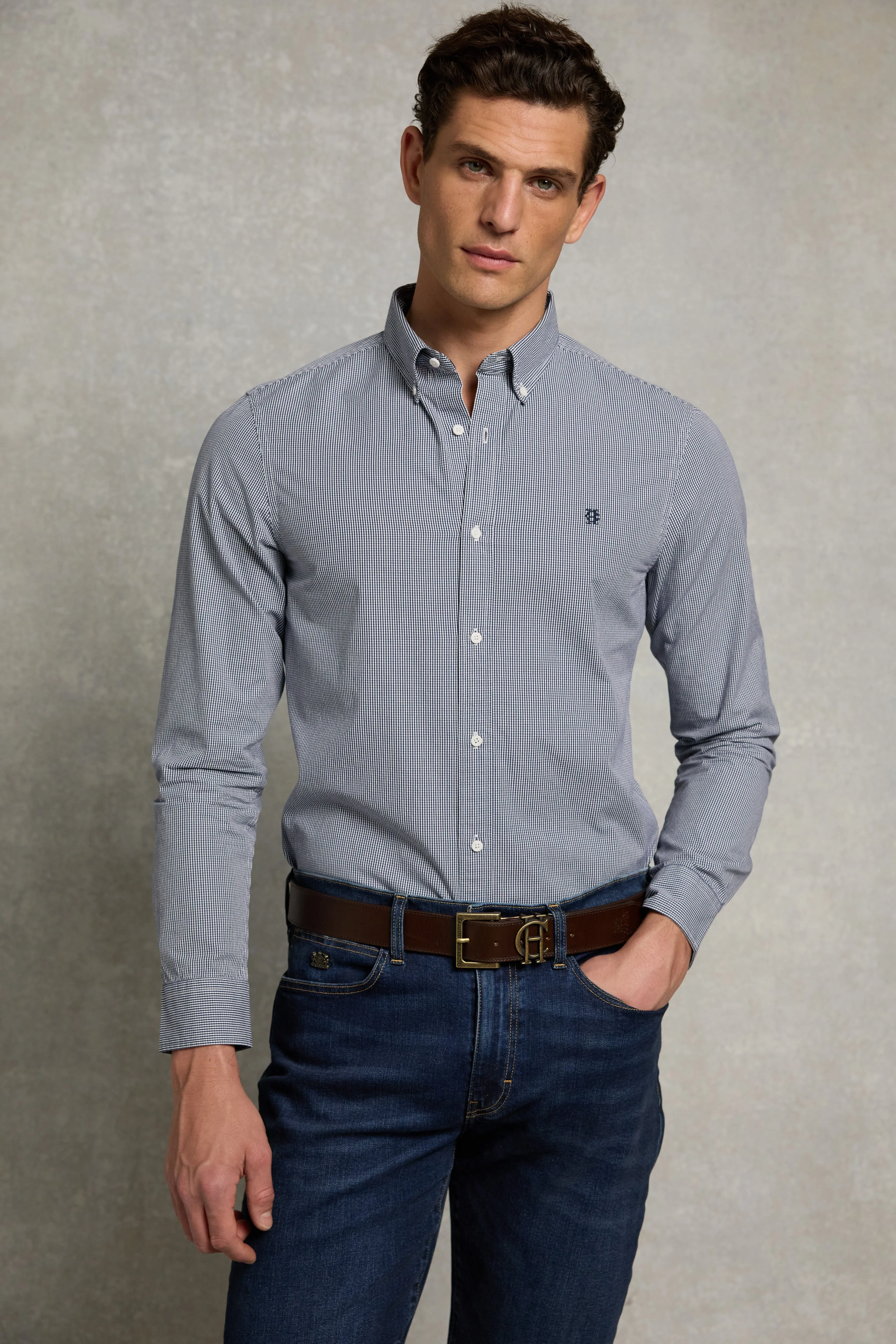 Men's Slim Fit Button Down Shirt (Micro Navy Gingham) sold by Holland Cooper