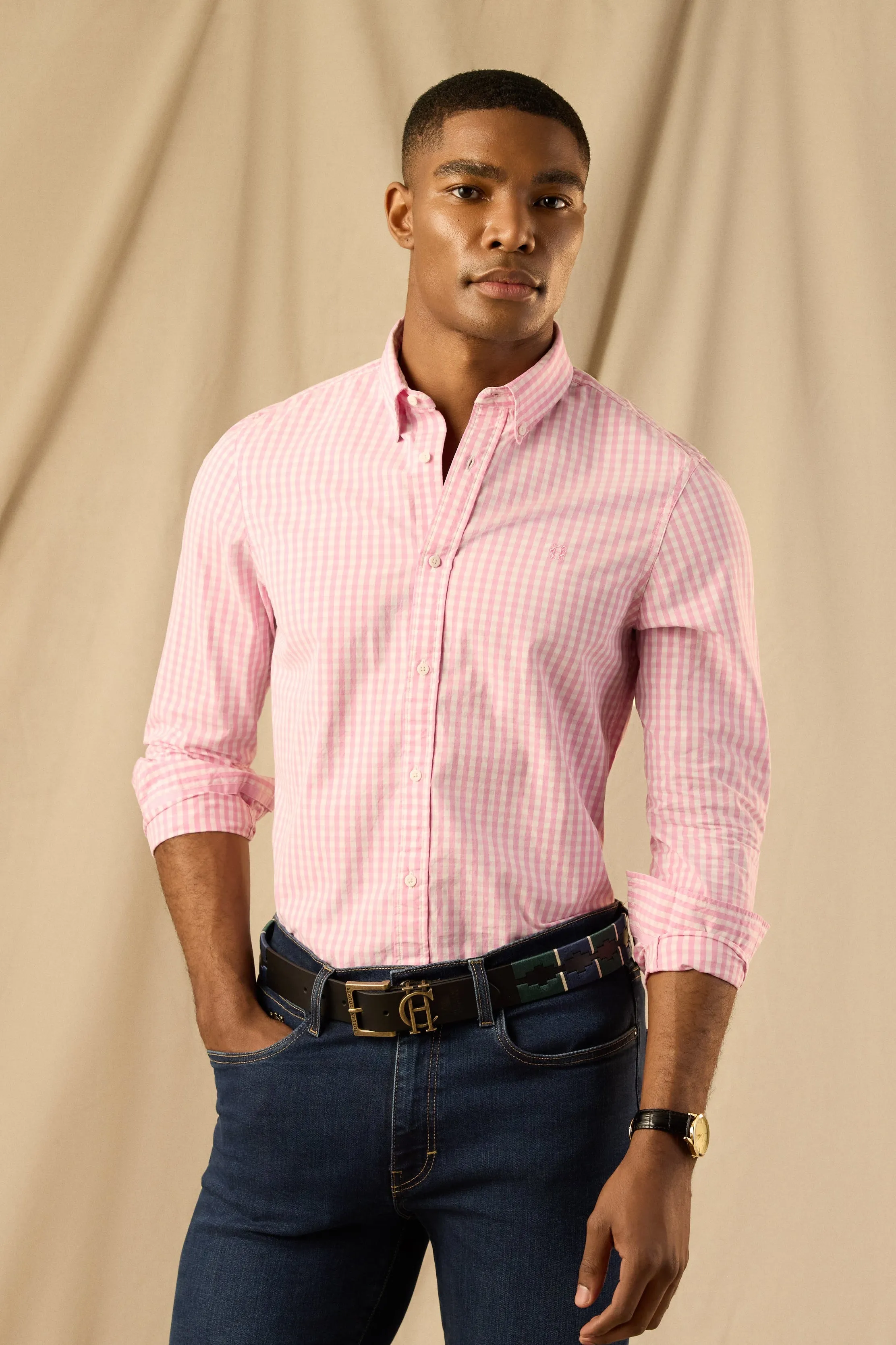Men's Slim Fit Button Down Shirt (Pink Gingham) sold by Holland Cooper