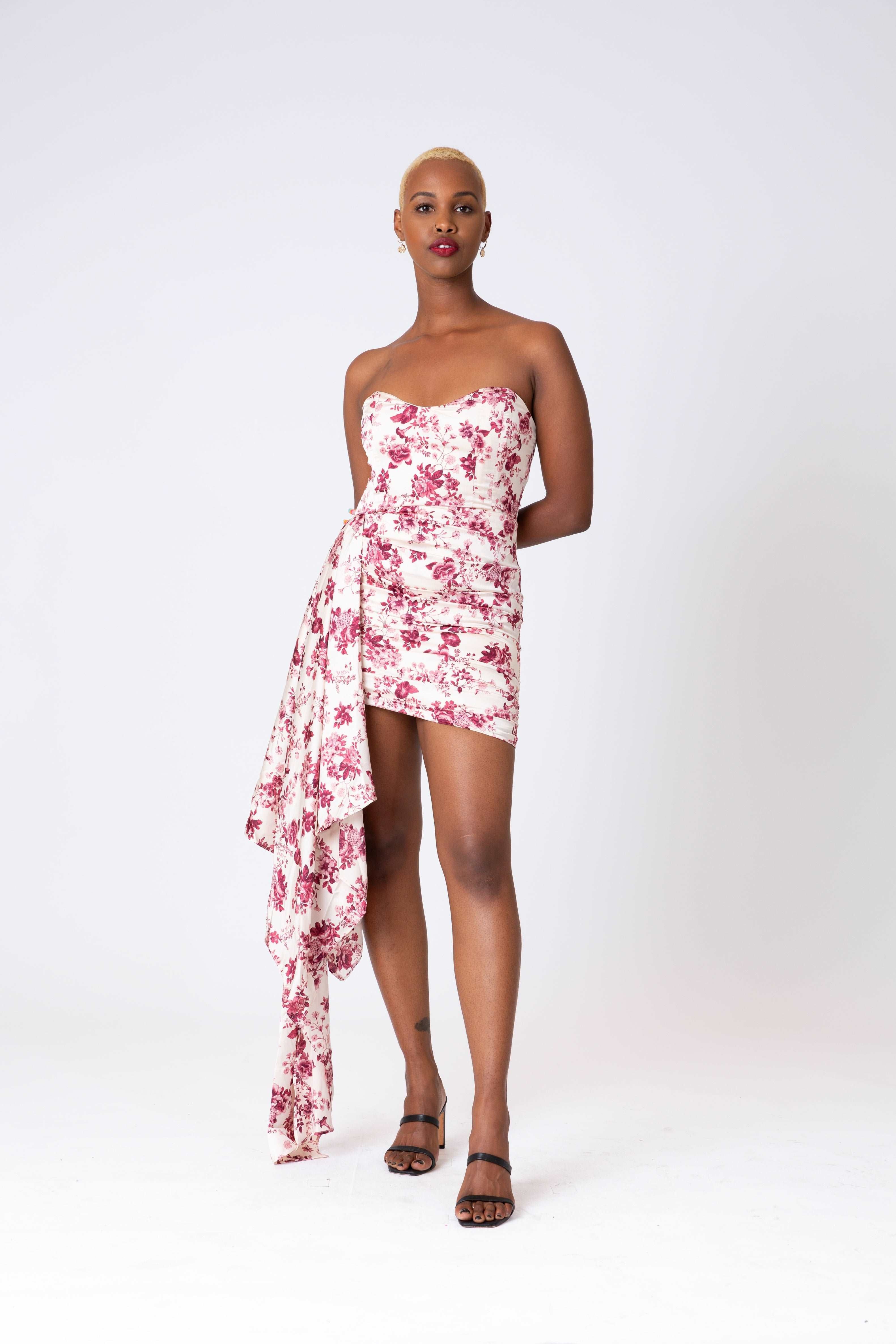 BONITA - Strapless Print Satin Mini Dress w/ Side Train - AD1612 sold by Shop 20