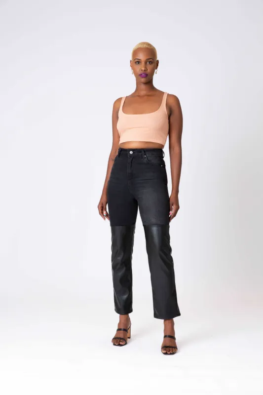 Barbara Half Denim Half PU Pant sold by Shop 20