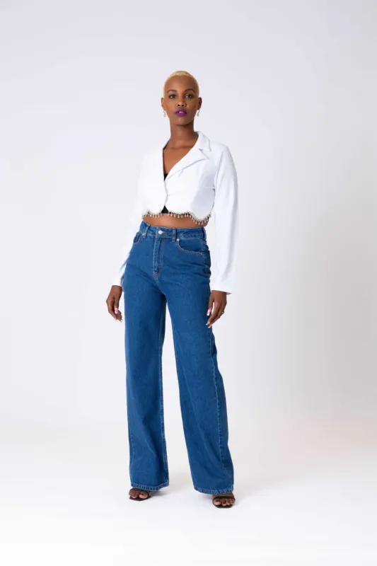 Krystal-Techno Crepe Cropped Blazer w/ Rhinestone Fringe Trim-  A6600 sold by Shop 20
