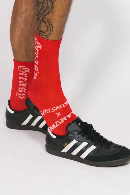 Red Greasy Logo Socks made by Something Very Special