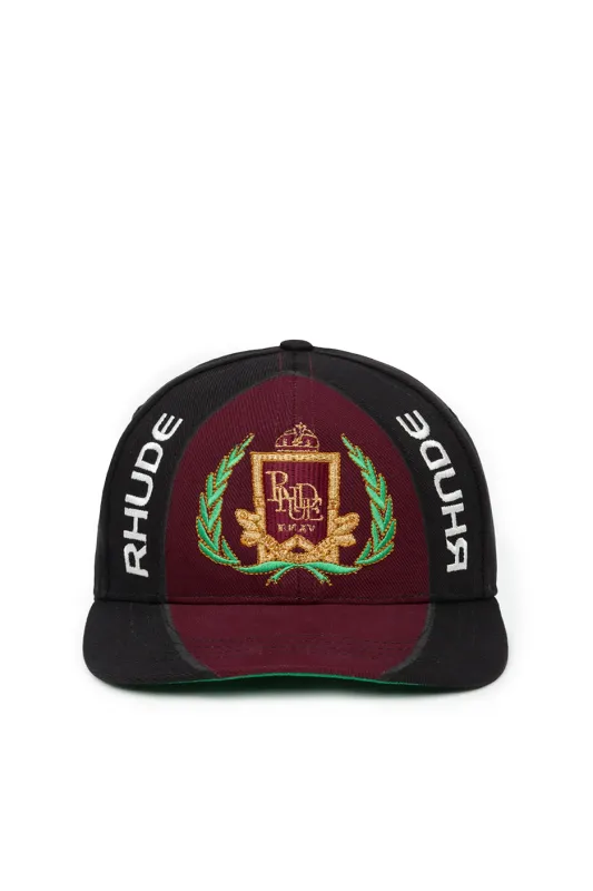 Rhude Racing Crest Hat 'Black/Maroon' sold by ROOTED