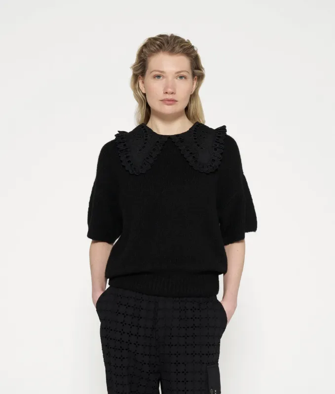 short sleeve ruffle knit sweater | black made by 10days