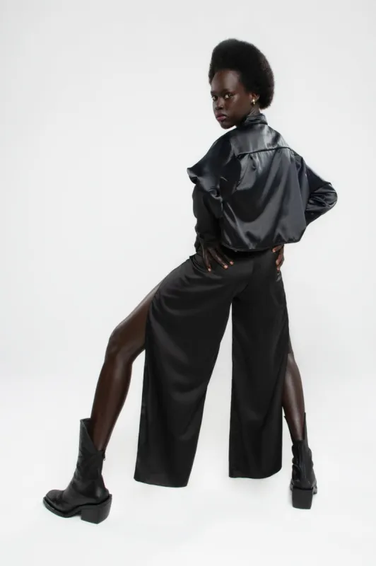 Upcycled Black Satin Melrose Pants made by Makara Wear
