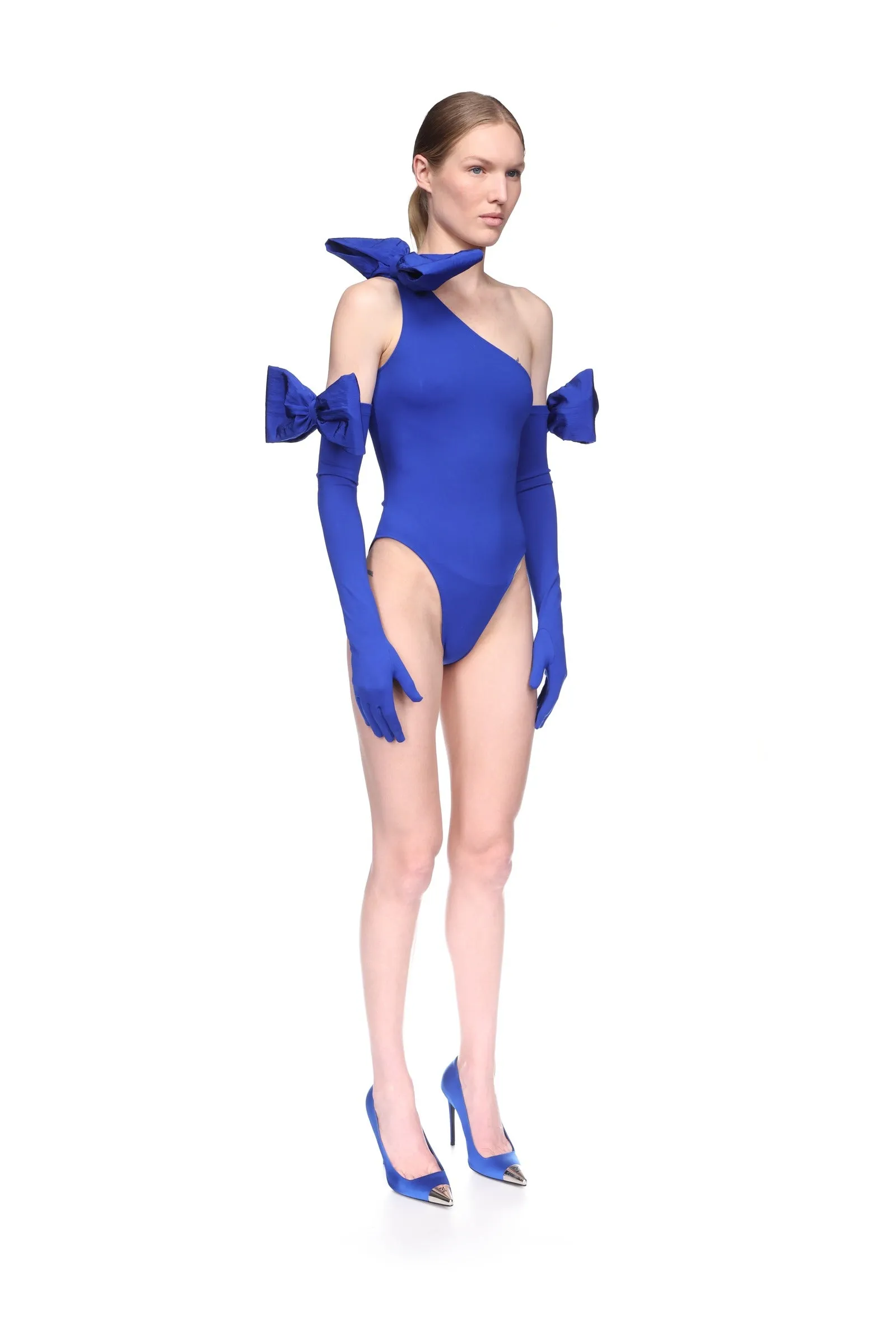 BOW DETAIL LONG JERSEY GLOVES IN BLUE sold by David Koma product image thumbnail 3