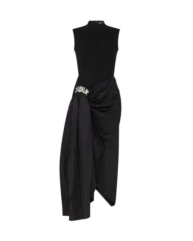 CRYSTAL BROOCH AND DRAPED HEM MIDI DRESS made by David Koma