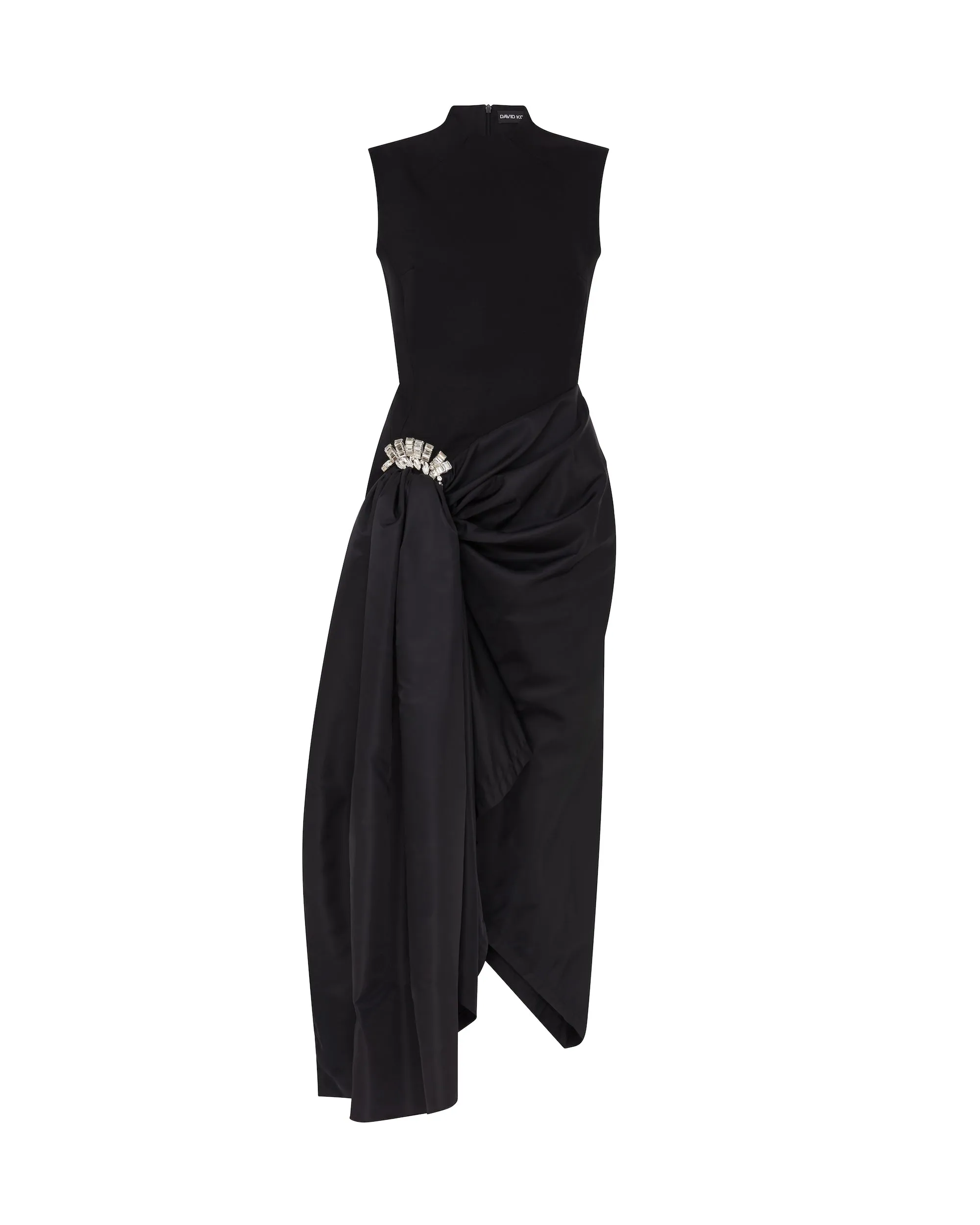 CRYSTAL BROOCH AND DRAPED HEM MIDI DRESS sold by David Koma