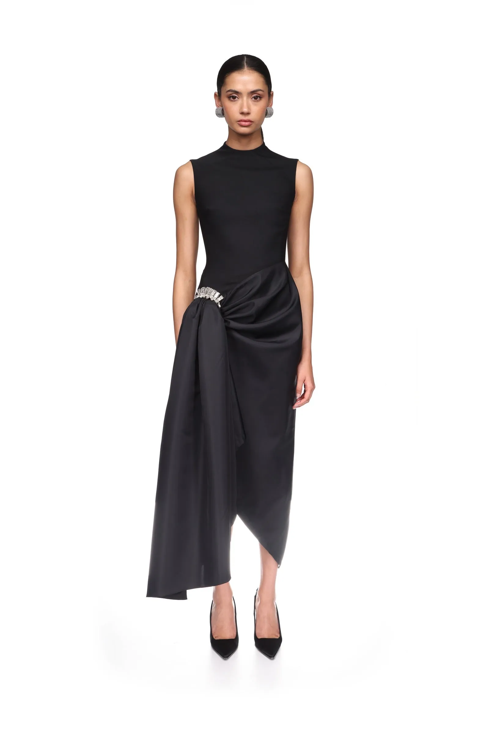 CRYSTAL BROOCH AND DRAPED HEM MIDI DRESS sold by David Koma product image thumbnail 2