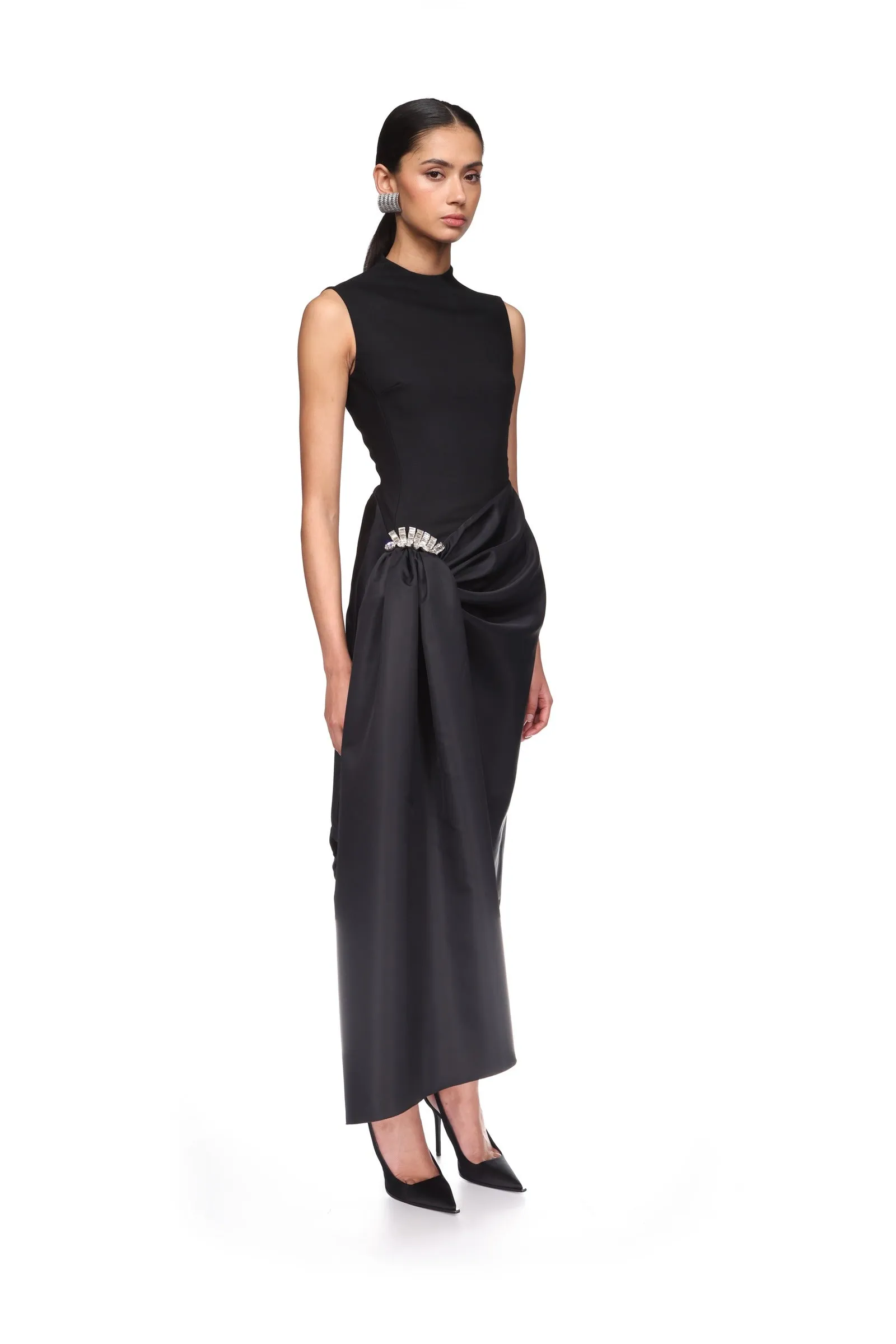 CRYSTAL BROOCH AND DRAPED HEM MIDI DRESS sold by David Koma product image thumbnail 4