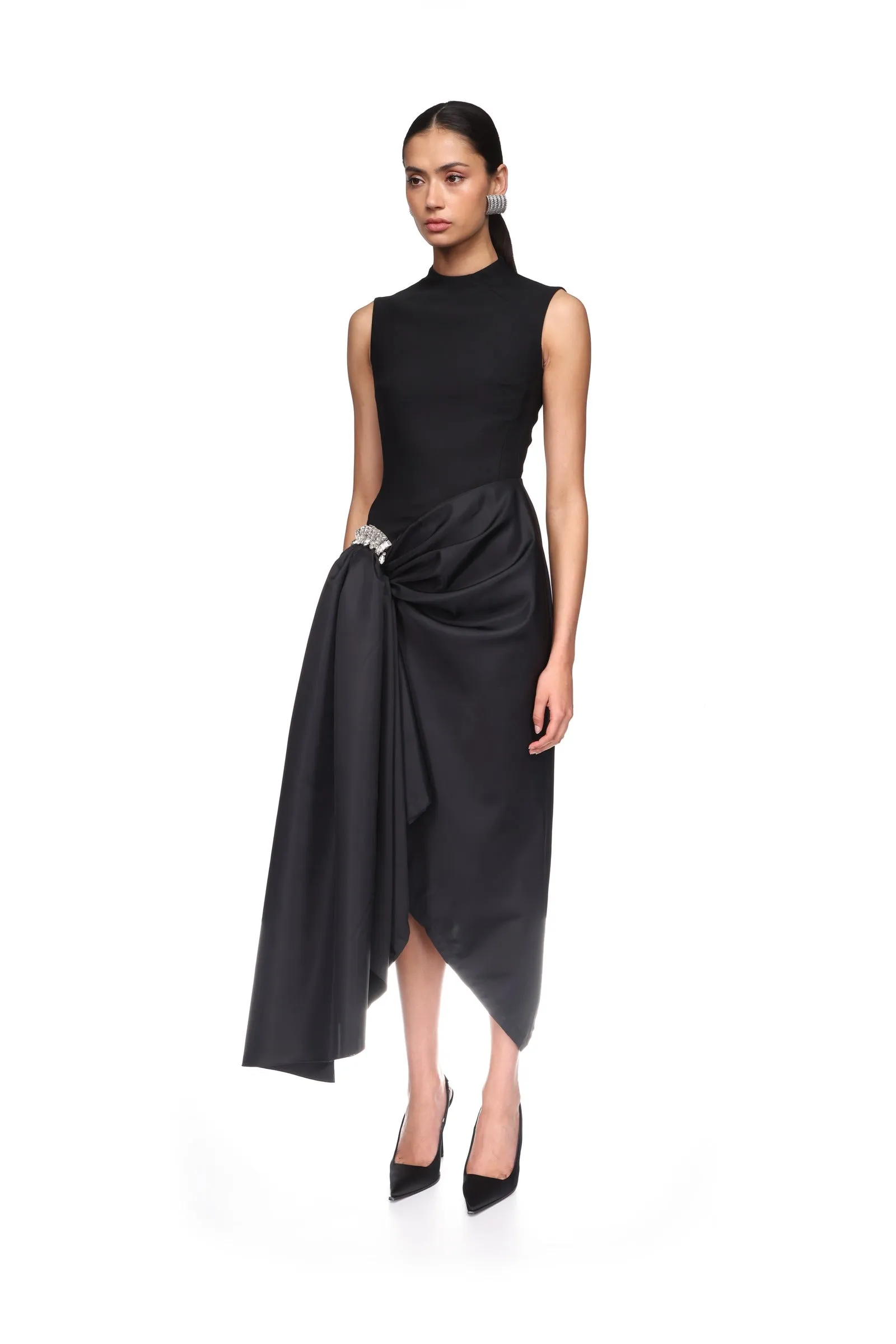 CRYSTAL BROOCH AND DRAPED HEM MIDI DRESS sold by David Koma product image thumbnail 3