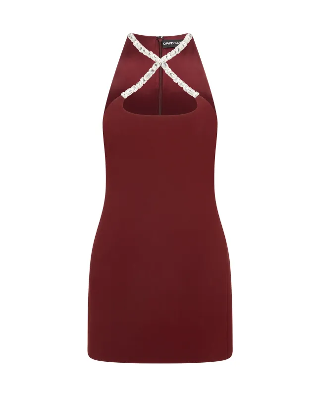 CRYSTAL EMBROIDERED CROSS STRAP MINI DRESS sold by David Koma