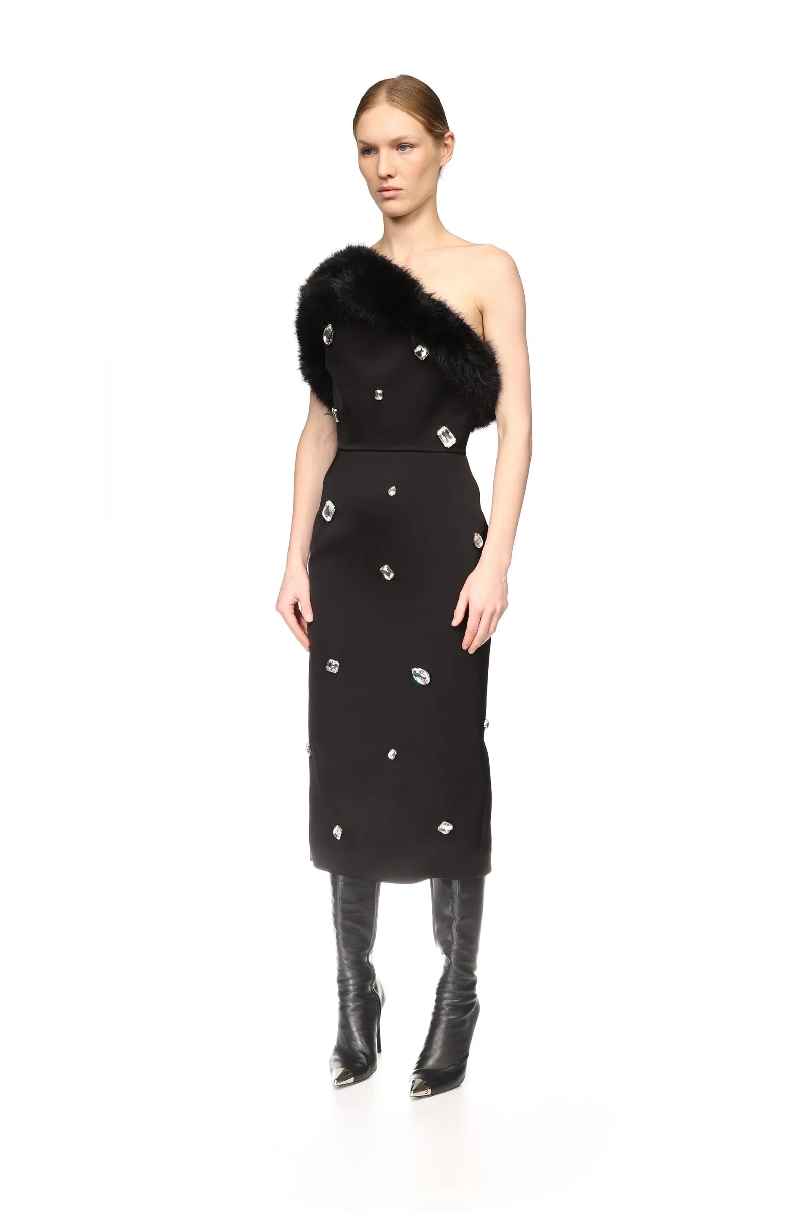 FAUX-FUR TRIM AND CRYSTAL EMBROIDERED MIDI DRESS sold by David Koma product image thumbnail 3