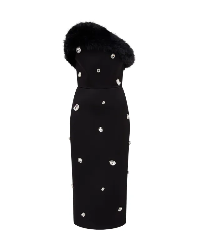 FAUX-FUR TRIM AND CRYSTAL EMBROIDERED MIDI DRESS made by David Koma