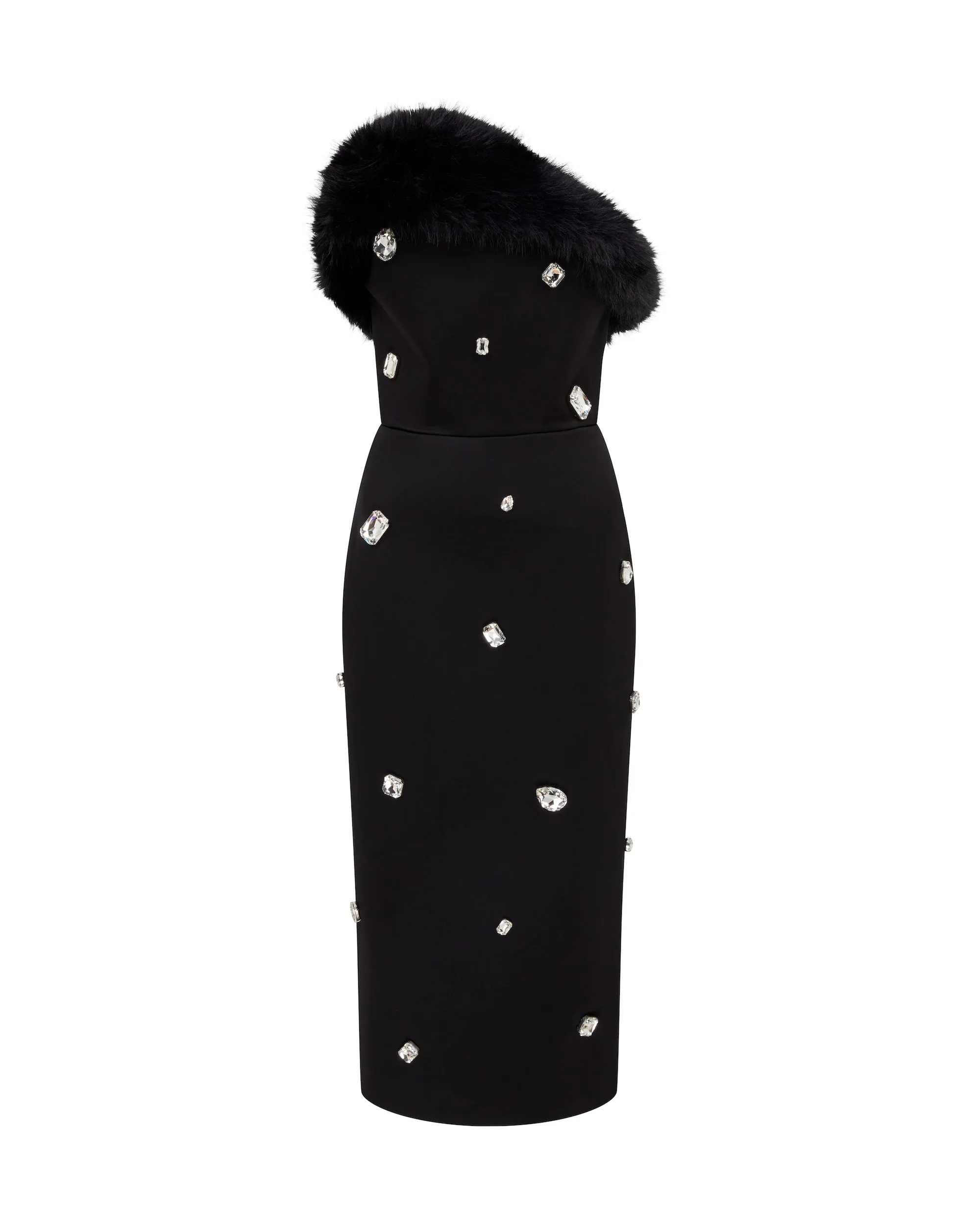 FAUX-FUR TRIM AND CRYSTAL EMBROIDERED MIDI DRESS sold by David Koma
