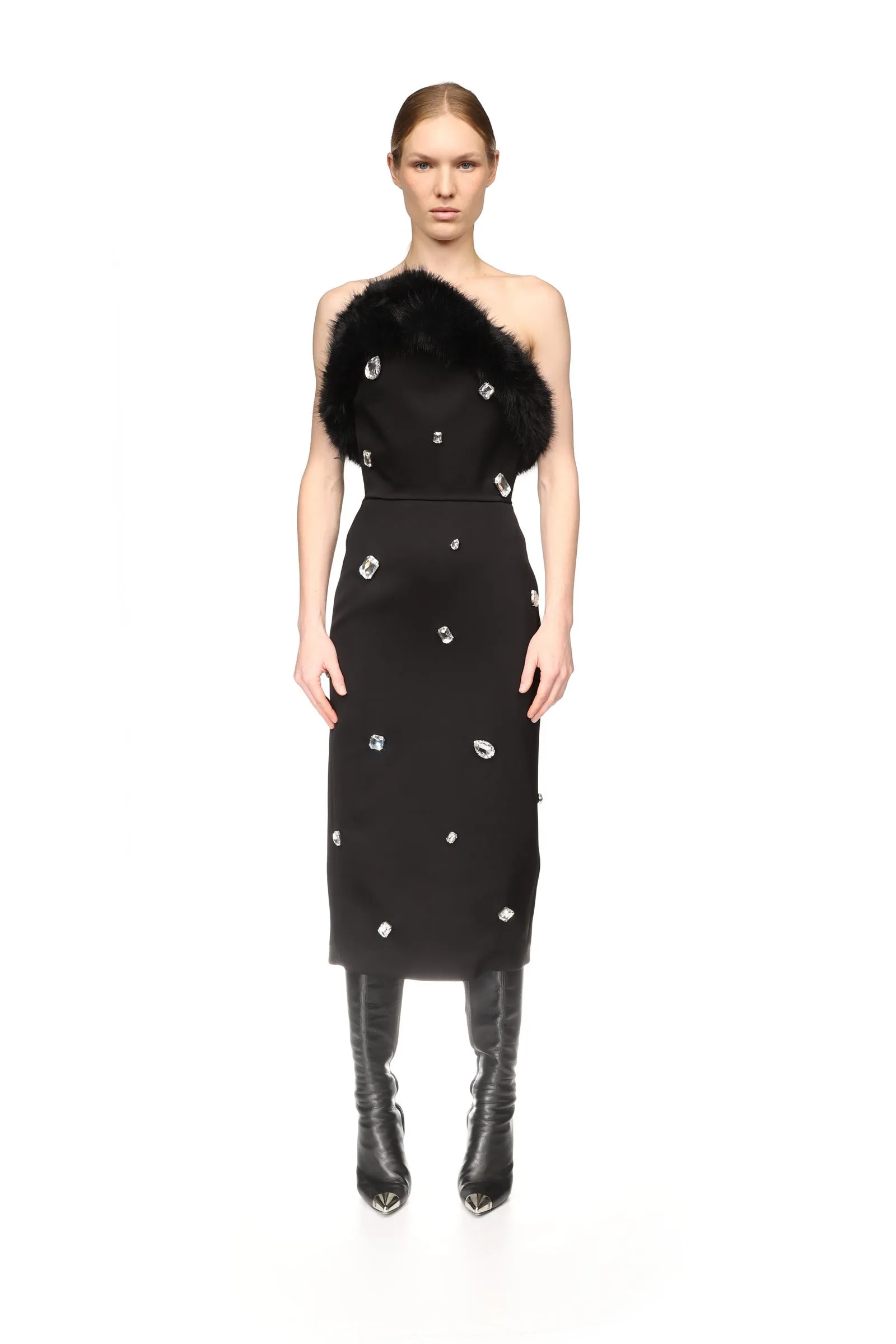 FAUX-FUR TRIM AND CRYSTAL EMBROIDERED MIDI DRESS sold by David Koma product image thumbnail 2