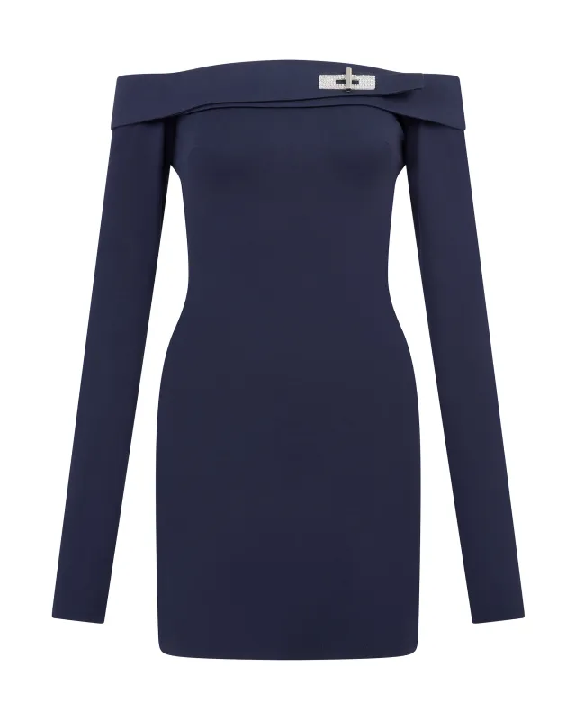 CRYSTAL BUCKLE OFF SHOULDER MINI DRESS sold by David Koma