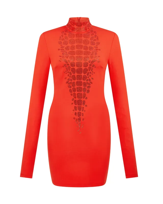 CROC RHINESTONE EMBROIDERY LONG SLEEVE MINI DRESS made by David Koma