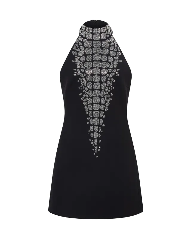 CROC RHINESTONE EMBROIDERY HALTERNECK MINI DRESS sold by David Koma