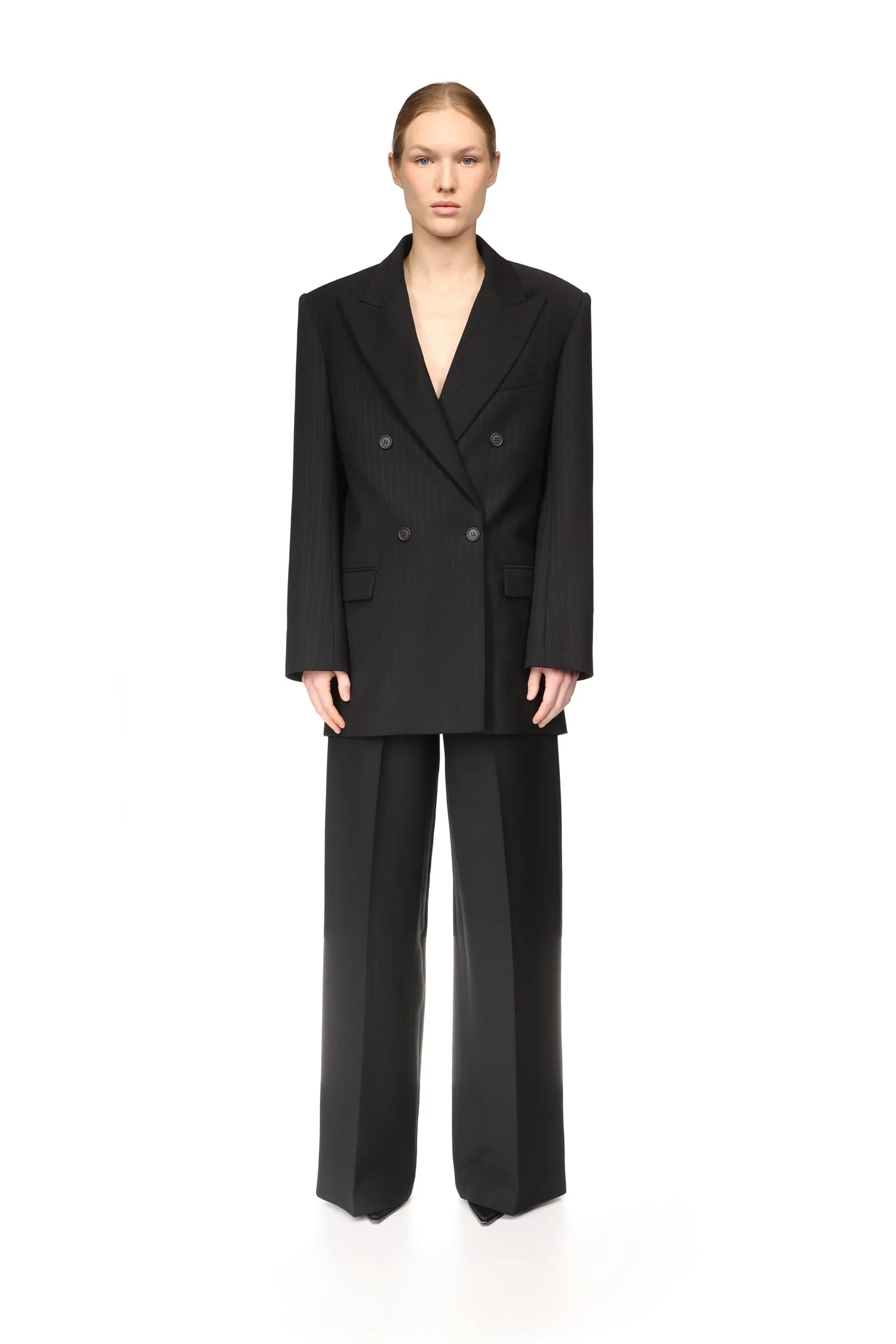 PINSTRIPE WOOL TAILORED TROUSERS WITH CRYSTAL BUCKLE BELT sold by David Koma product image thumbnail 2