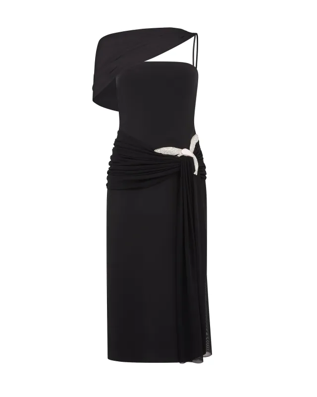ASYMMETRIC CADY MIDI DRESS WITH CRYSTAL HUMMINGBIRD sold by David Koma
