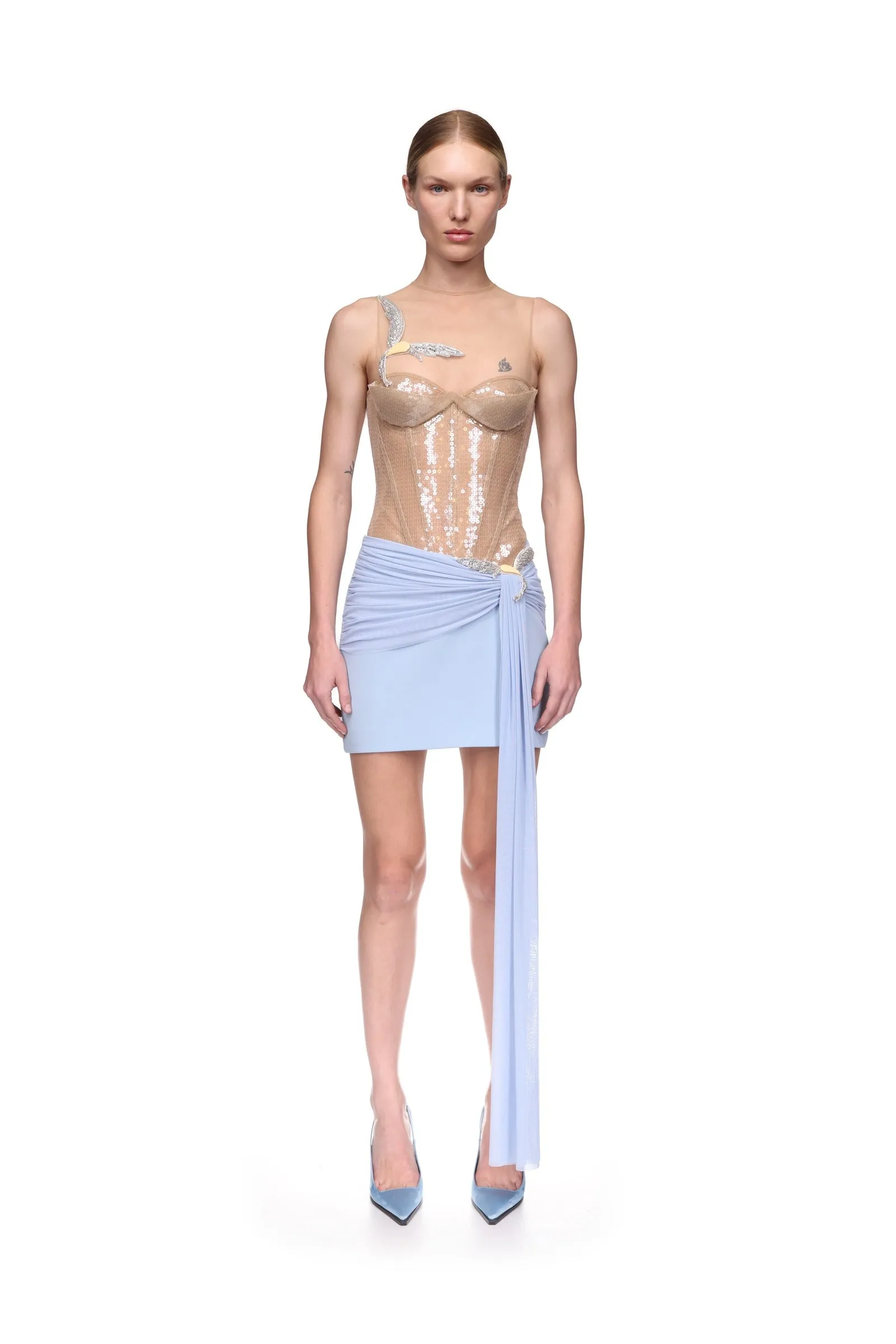 CRYSTAL HUMMINGBIRD AND DRAPE DETAIL MINI SKIRT sold by David Koma product image thumbnail 2