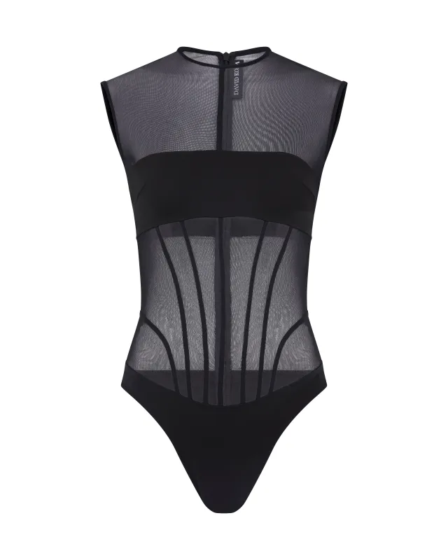 BANDEAU MESH BODYSUIT IN BLACK sold by David Koma