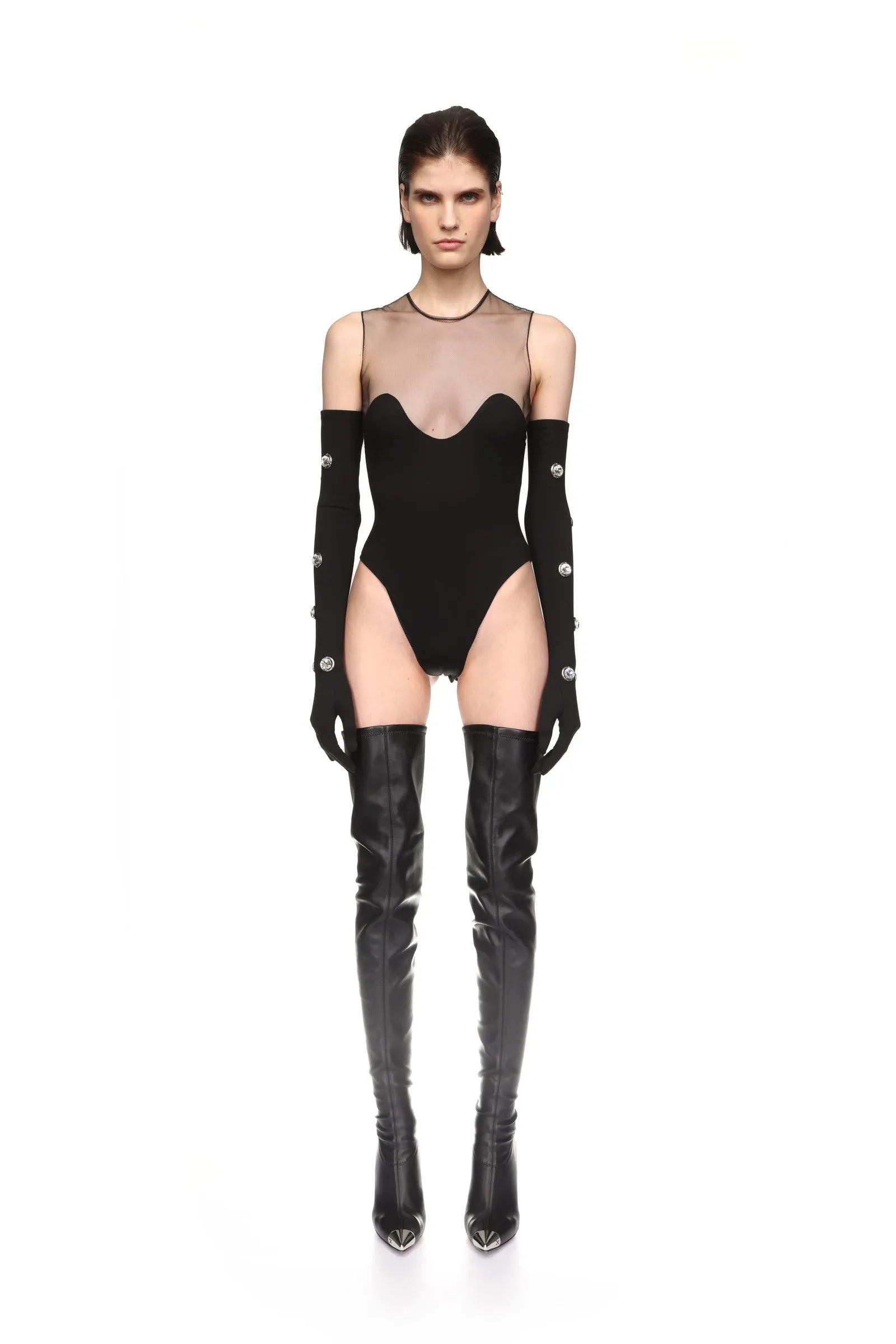 WAVE NECKLINE AND TULLE BODYSUIT IN BLACK sold by David Koma product image thumbnail 2