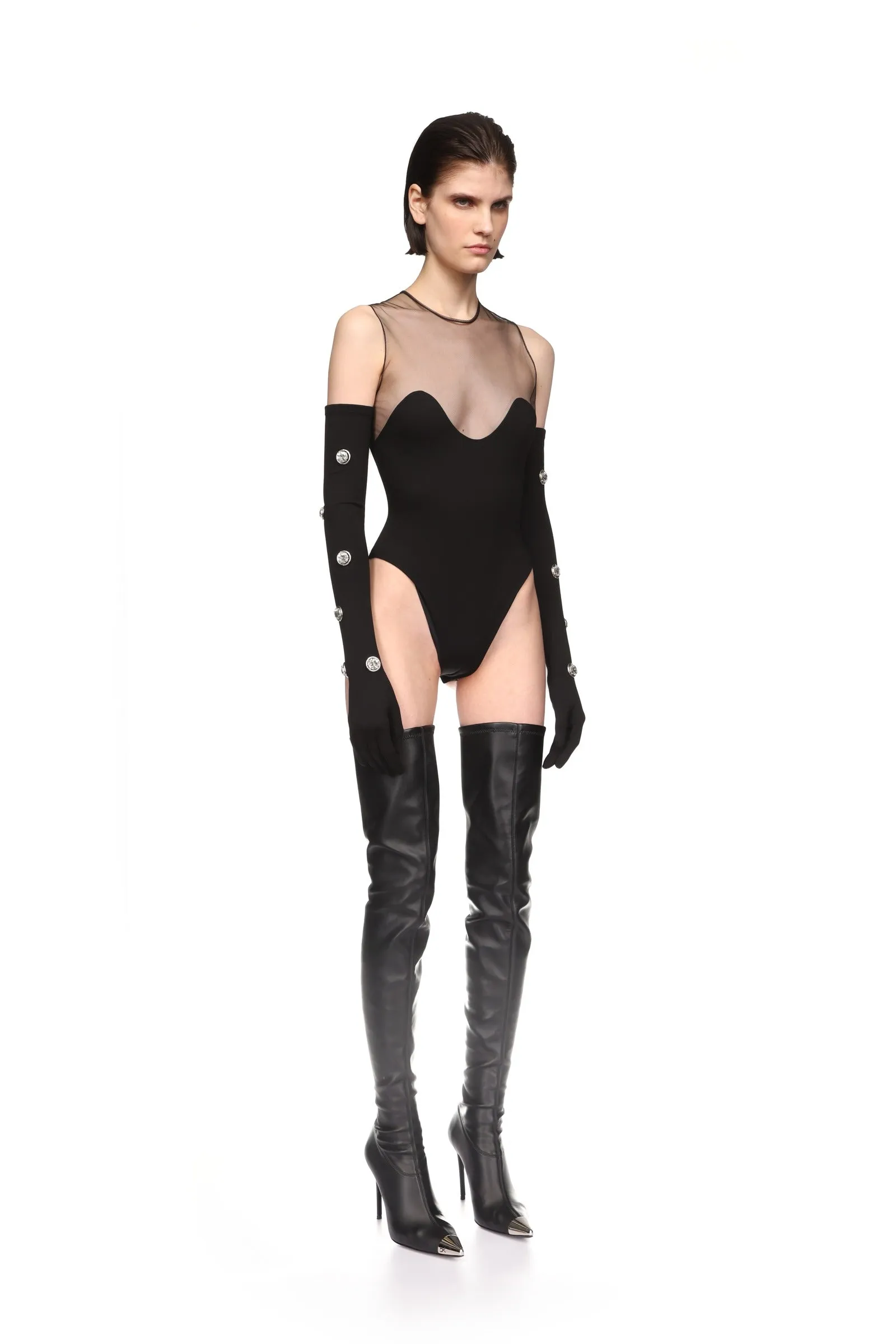WAVE NECKLINE AND TULLE BODYSUIT IN BLACK sold by David Koma product image thumbnail 4