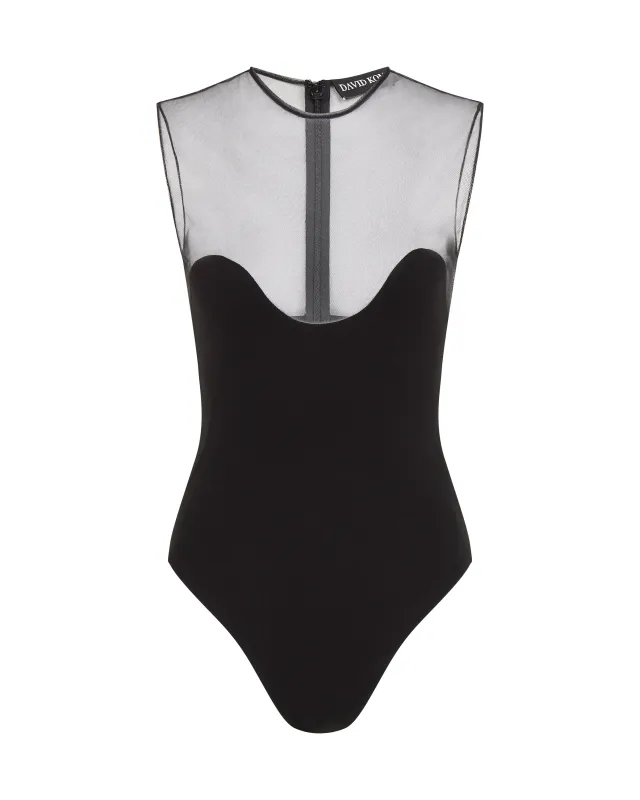 WAVE NECKLINE AND TULLE BODYSUIT IN BLACK sold by David Koma