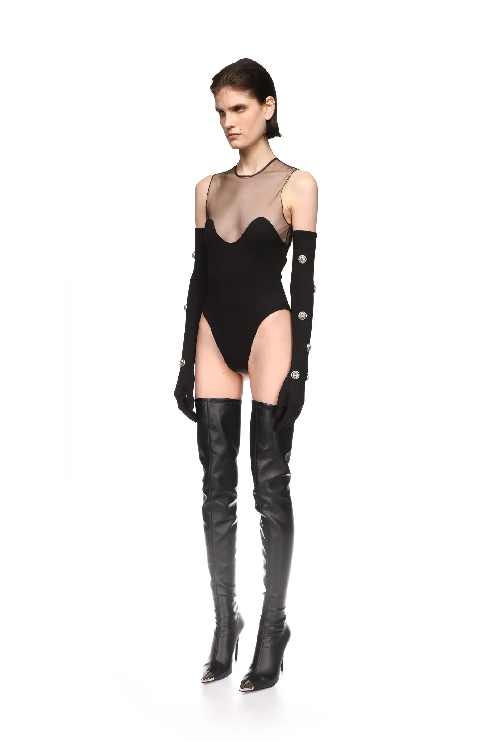 WAVE NECKLINE AND TULLE BODYSUIT IN BLACK sold by David Koma product image thumbnail 3