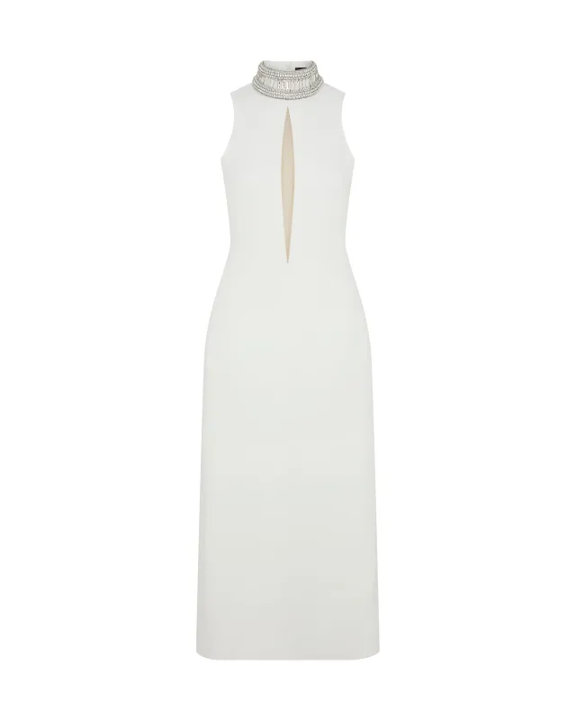 CRYSTAL EMBROIDERED HIGH COLLAR MIDI DRESS IN WHITE sold by David Koma
