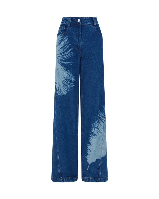 FEATHER PRINT WIDE LEG DENIM TROUSERS made by David Koma
