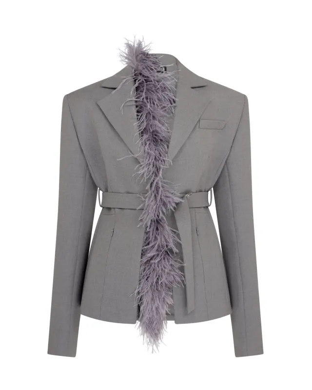 FEATHER TRIM TAILORED JACKET IN GREY sold by David Koma