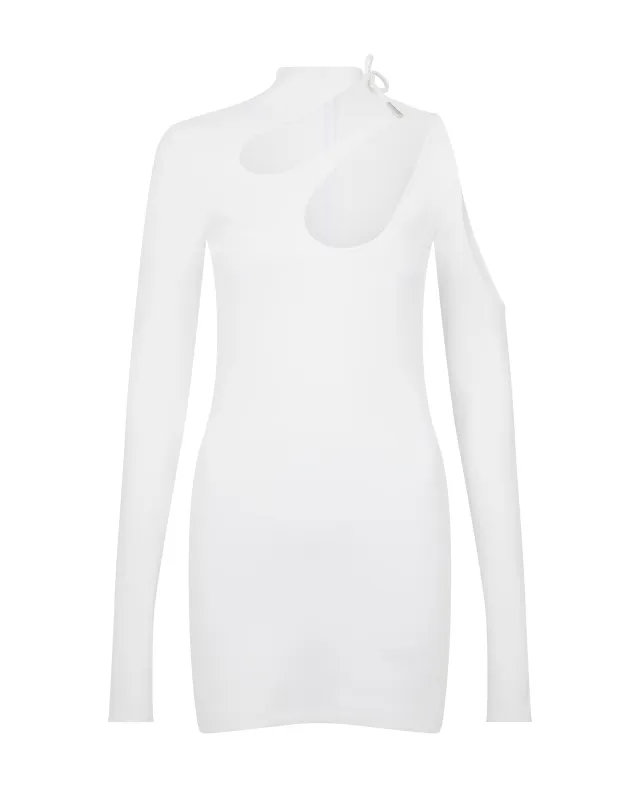 WHITE ASYMMETRIC LONG SLEEVE CUT-OUT MINI DRESS sold by David Koma
