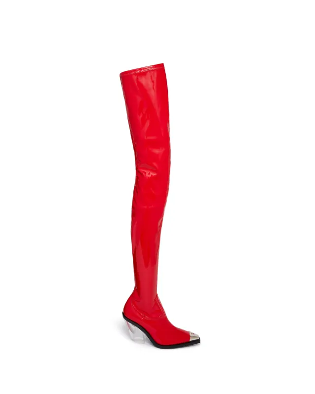 PATENT THIGH HIGH BOOTS WITH TRANSPARENT HEEL IN RED made by David Koma
