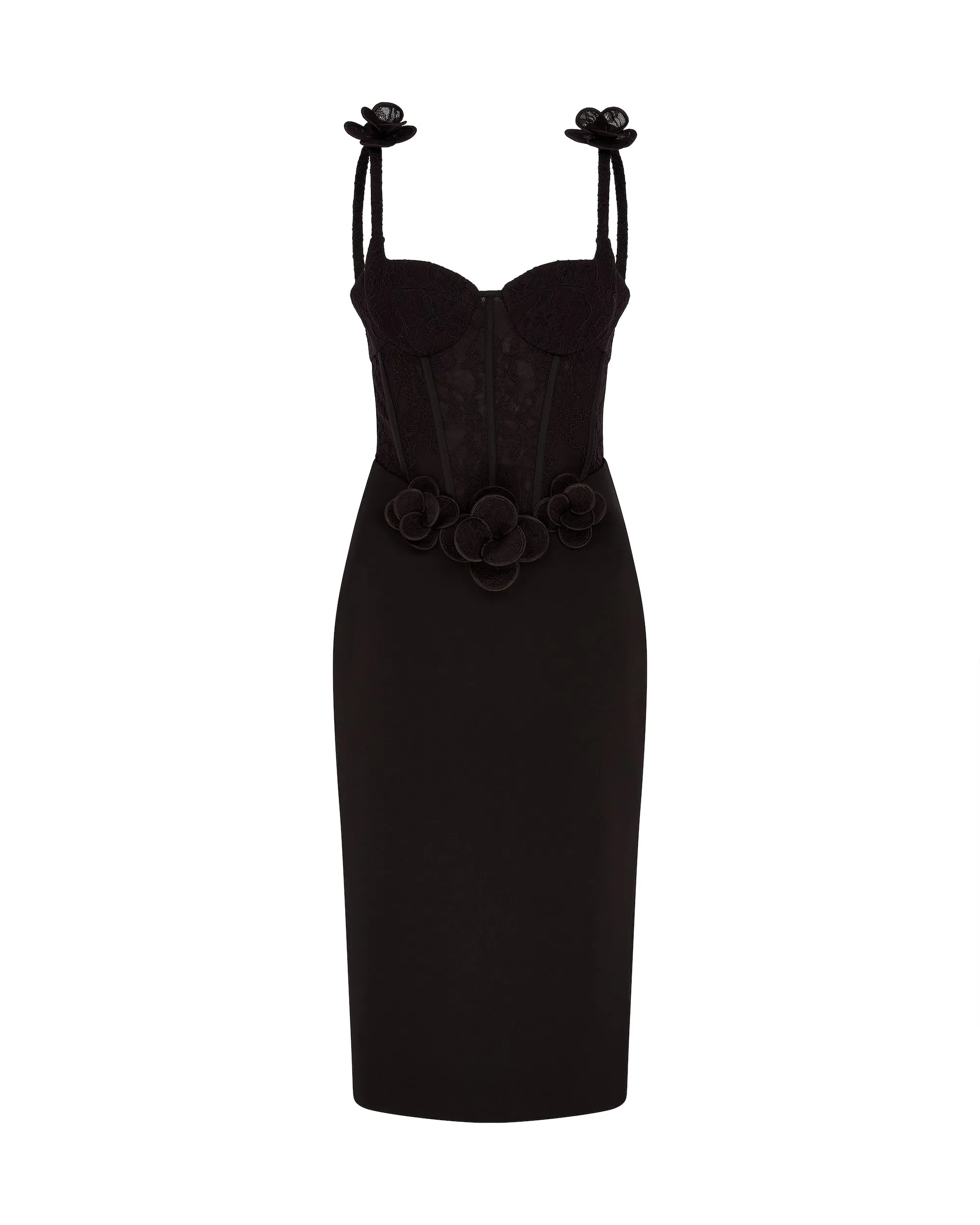 LACE FLOWER CORSET SATIN MIDI DRESS sold by David Koma