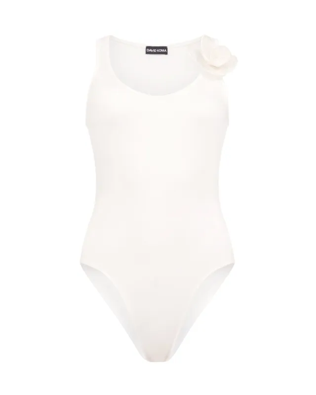 3D LACE FLOWER JERSEY BODYSUIT IN WHITE sold by David Koma