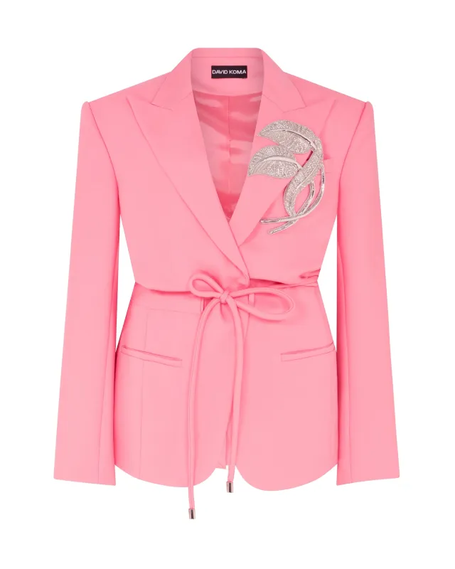 CRYSTAL LEAF TIE WAIST JACKET IN PINK made by David Koma