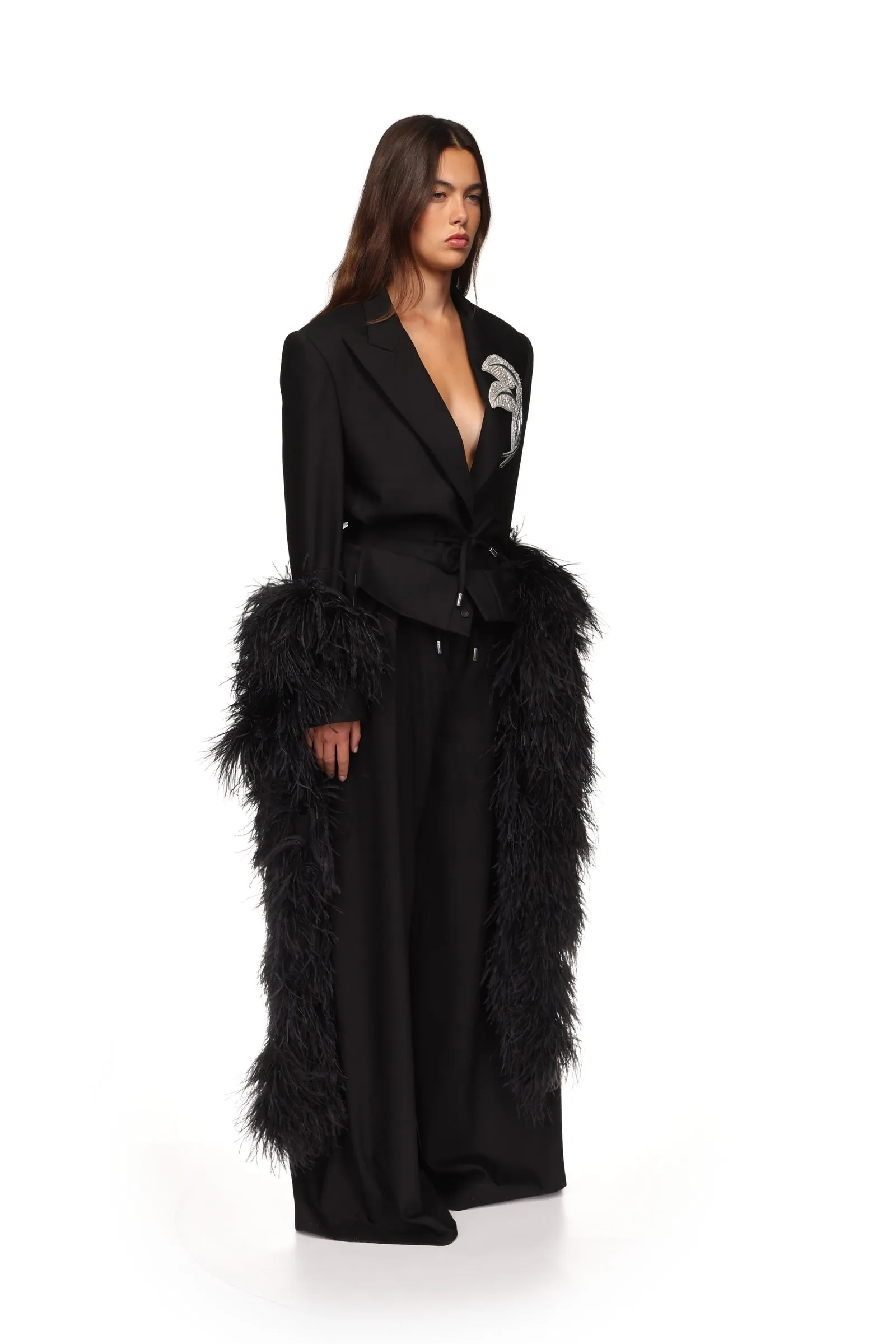 CRYSTAL LEAF TIE WAIST JACKET IN BLACK sold by David Koma product image thumbnail 4