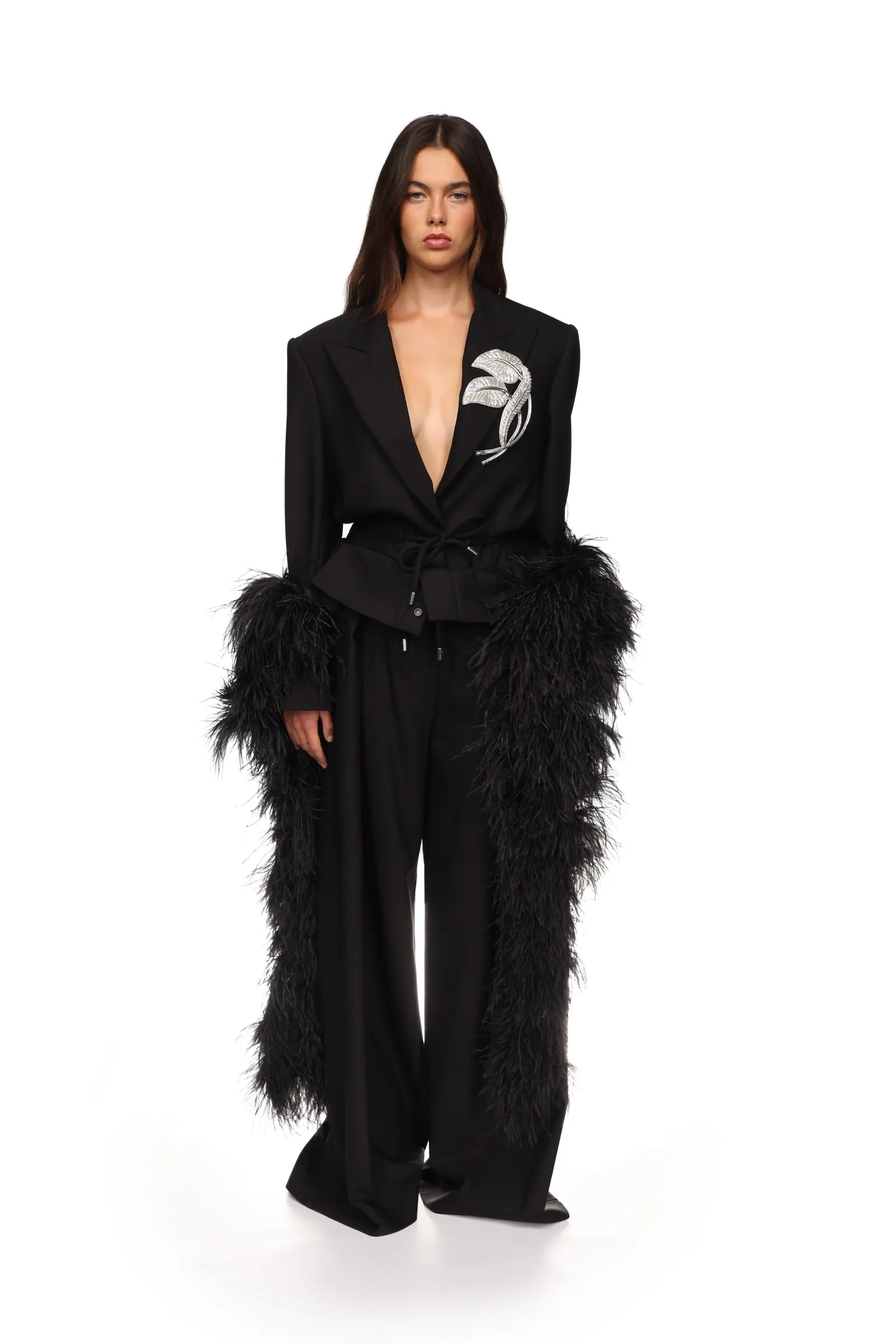 CRYSTAL LEAF TIE WAIST JACKET IN BLACK sold by David Koma product image thumbnail 2