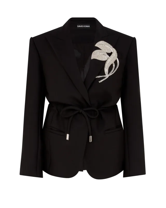 CRYSTAL LEAF TIE WAIST JACKET IN BLACK made by David Koma