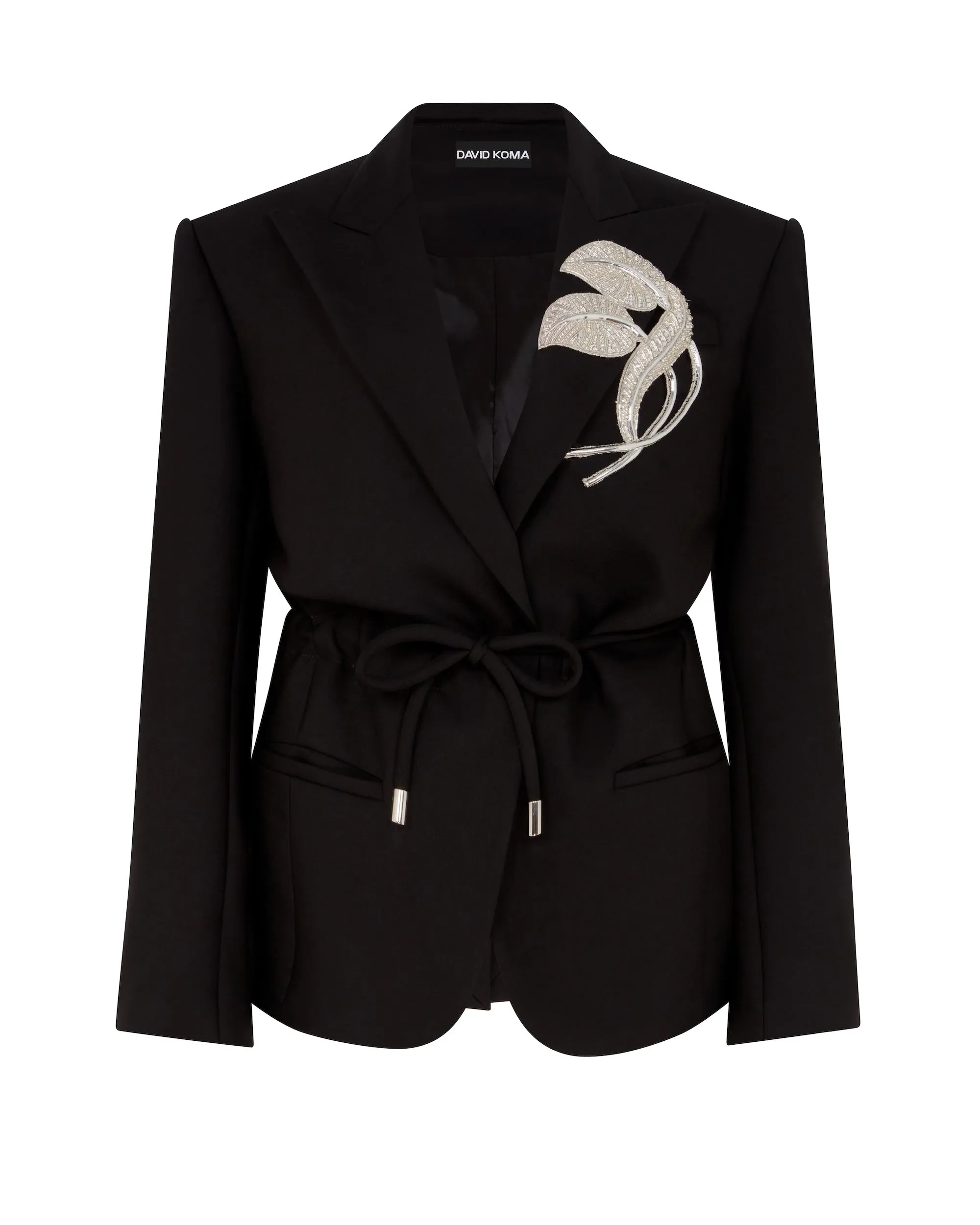 CRYSTAL LEAF TIE WAIST JACKET IN BLACK sold by David Koma