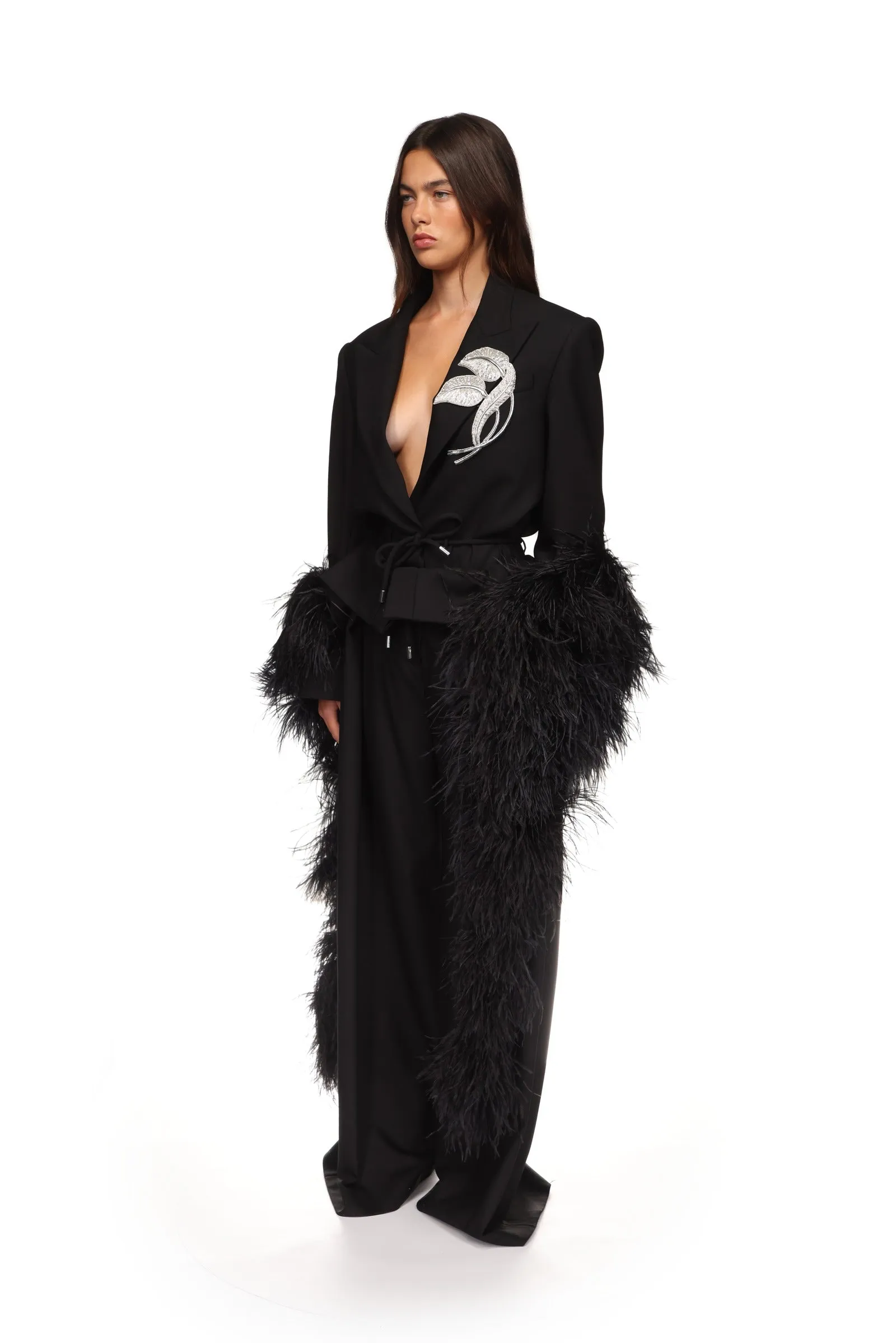 CRYSTAL LEAF TIE WAIST JACKET IN BLACK sold by David Koma product image thumbnail 3